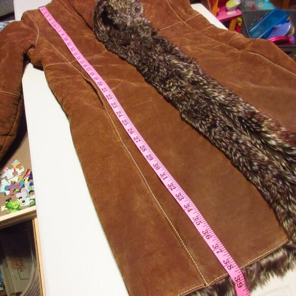 Vintage Marvin Richards Genuine Leather Jacket Long Trench Coat Medium Fur Trim - Picture 15 of 16